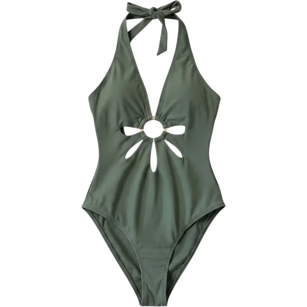 CUPSHE Olive Green Halter One Piece Swimsuit with‎ Cutout & Ring Detail